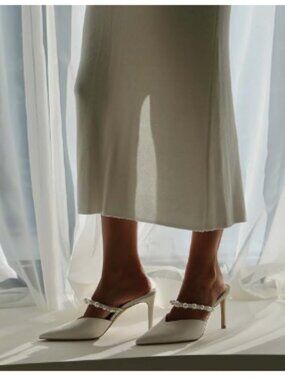 FYS White Pointed Toe Pearl Strap Mules Slip on Stiletto High Heels Dressy Shoes